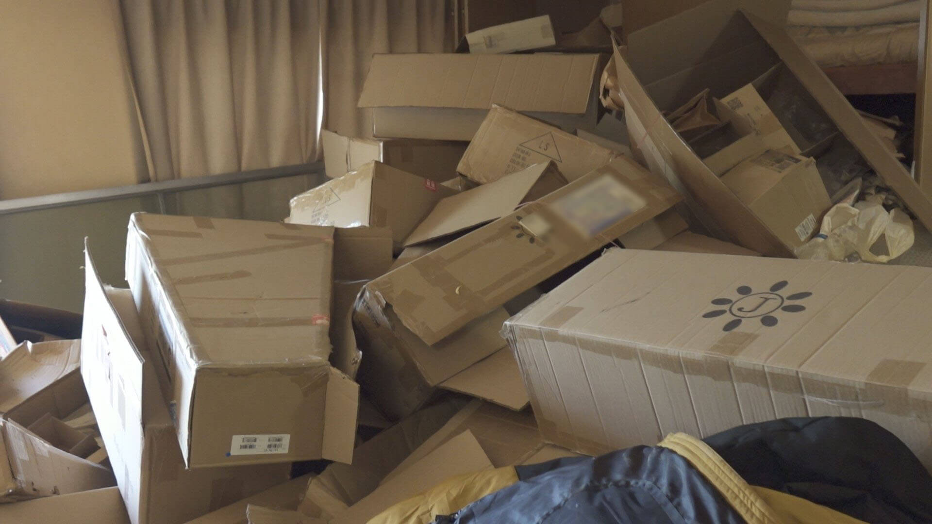 段ボールの壁に囲まれたゴミ屋敷